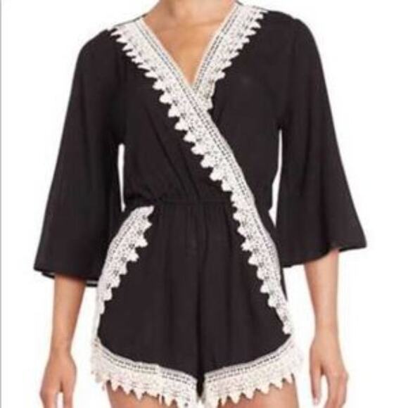 Design Lab Floral Romper Cream Blue Size L Shorts Lace V Neck Half Sleeve - Picture 10 of 10